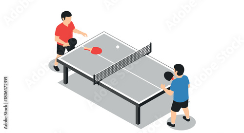 Isometric ping pong match: energetic players in action with table and rackets