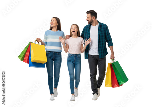 Excited Family of Three Walking Together and Carrying Colorful Shopping Bags, Isolated on White Background
