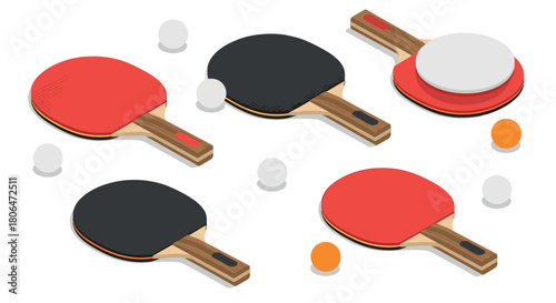 Isometric table tennis paddles with balls in multiple arrangements and colors