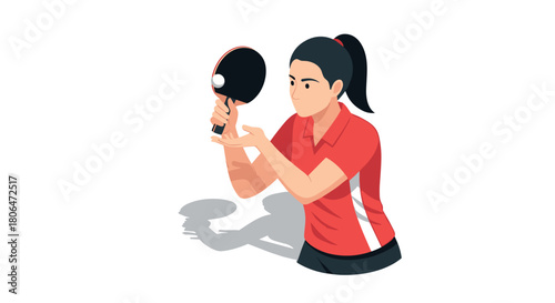 Female ping pong player in red shirt with paddle mid-action in flat design