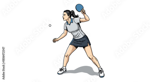 Table tennis player in dynamic pose with paddle and ball