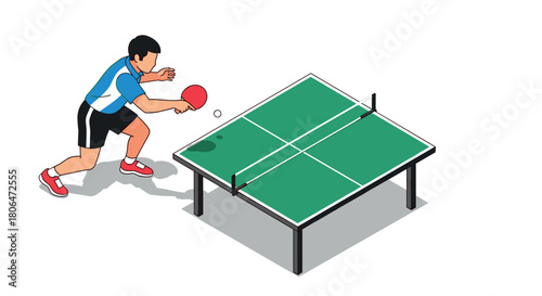 Dynamic table tennis match: isometric style of player hitting ping pong ball