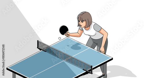 Woman playing table tennis in dynamic isometric style