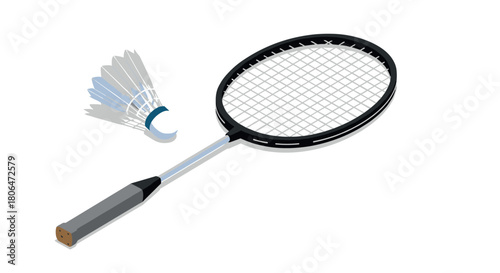 Isometric badminton racket and shuttlecock on white background