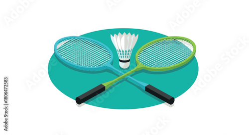 Colorful isometric badminton rackets and shuttlecock on teal background