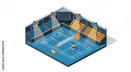 Isometric badminton match in indoor arena with spectators and lighting