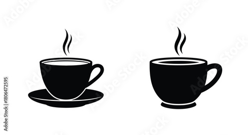 Two black coffee cups with steam rising simple illustration in black and white