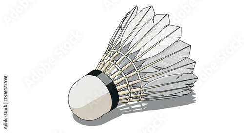 Detailed artistic badminton shuttlecock sketch with shadow on white background