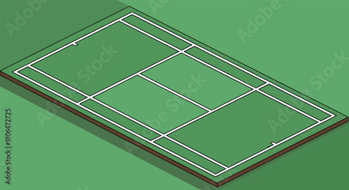 Isometric tennis court design with green surroundings and shadow play