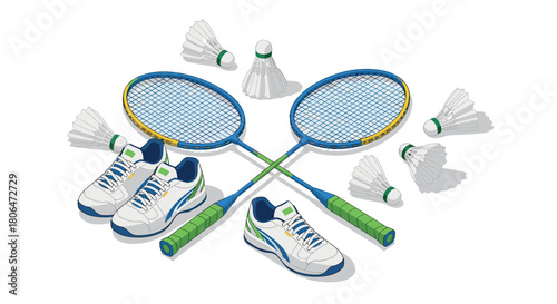 Badminton equipment on display featuring rackets, shuttlecocks, and sneakers in isometric style