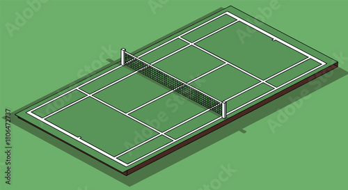 Isometric tennis court design in minimalist style with green background