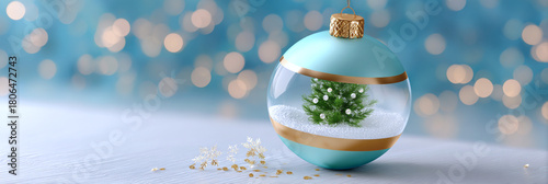 Decorative Christmas ornament featuring a miniature tree inside, surrounded by snow and golden accents, set against a blurred blue background with festive bokeh lights