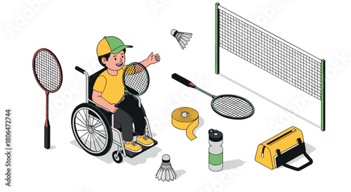 Inclusive badminton fun: wheelchair player with equipment in isometric style
