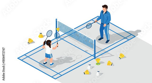 Isometric badminton scene with players and shuttlecocks on court