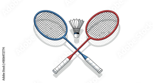 Crossed badminton rackets with shuttlecock on white background