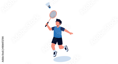 Dynamic badminton player in action with racket and shuttlecock in flat style