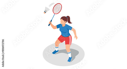 Isometric female badminton player in action with racket and shuttlecock
