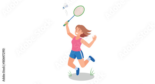 Woman playing badminton in action pose with racket and shuttlecock on white background