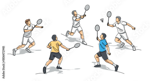 Dynamic badminton game with group of players in action