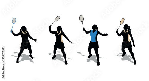 Female badminton players in action silhouette style