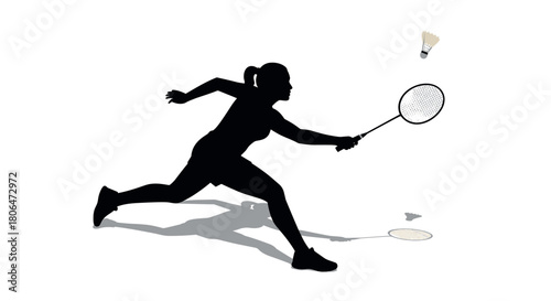 Dynamic badminton player silhouette in action with racket and shuttlecock