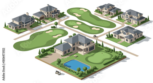 Isometric golf course community with modern homes and green fairways