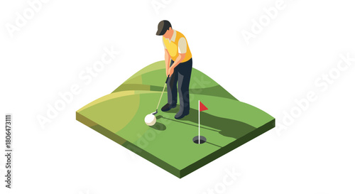 Isometric golf player on green field with flag
