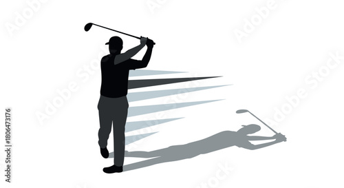 Golfer silhouette swing with dynamic shadow on white background
