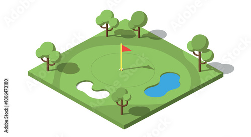 Isometric golf course design with flag, trees, and ponds