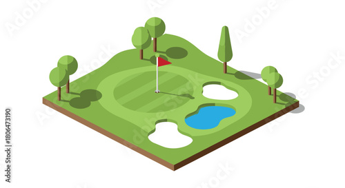 Isometric golf course with trees and lake on green landscape