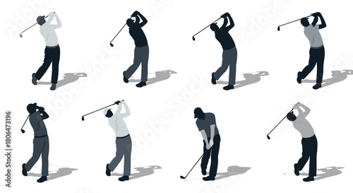 Silhouetted golfers in various swing poses on white background