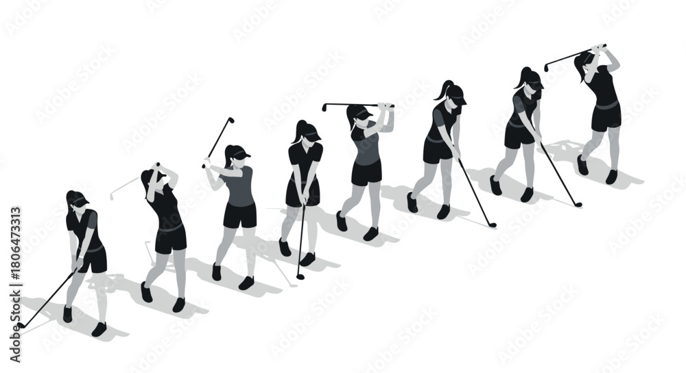 Fototapeta premium Isometric female golfer swing sequence in monochrome style