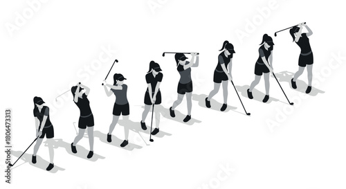 Isometric female golfer swing sequence in monochrome style