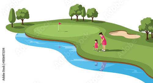 Mother and child enjoying a day at the golf course by the water in flat style