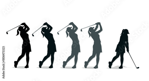 Silhouette of female golfer swing sequence capturing movement and elegance