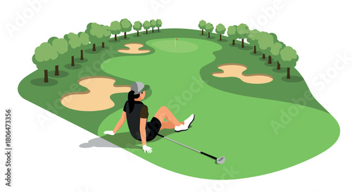 Golf course relaxation: player enjoying scenic greenery in flat design