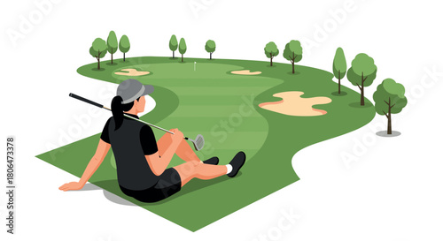Female golfer relaxing on golf course with club and trees in background
