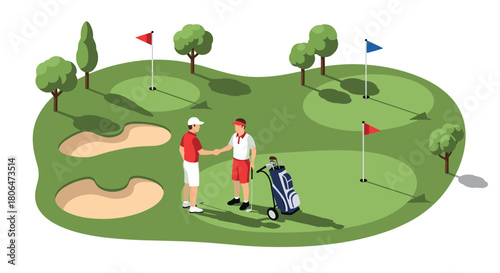 Golf course interaction: two players shaking hands in isometric design