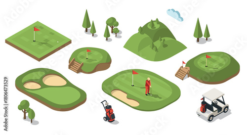Isometric golf course with player and cart on green landscape