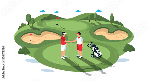 Golfers shaking hands on lush course with scenic landscape