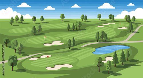 Scenic golf course landscape with ponds and trees on a sunny day