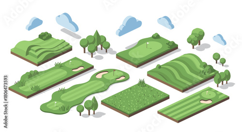 Isometric golf course elements with green fairways, trees, clouds, and flags