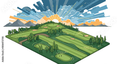 Colorful isometric golf course landscape with sunrise and mountains