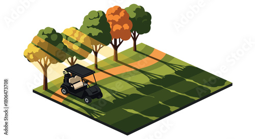 Scenic golf course in autumn with isometric design featuring cart and colorful trees