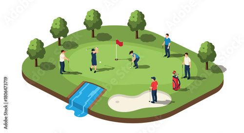Isometric golf course scene with players and green landscape