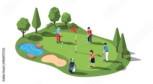 Isometric golf course scene with players and nature elements in a 3d style