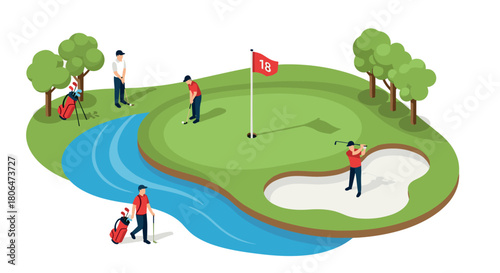 Isometric golf course scene with players, trees, and river