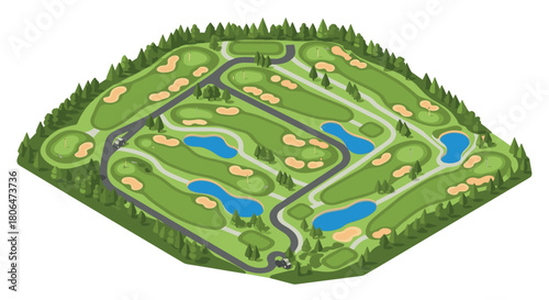 Isometric golf course layout with green fairways and water hazards