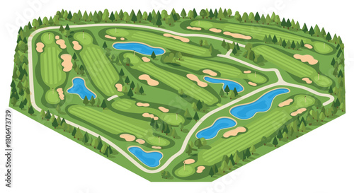 Isometric golf course design with lakes and trees