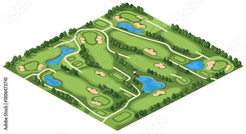 Isometric golf course with green fairways and water hazards
